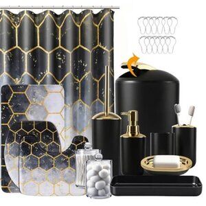 25 Piece Bathroom Set Black Gold Shower Curtain Rugs Soap Dispenser Toilet Brush